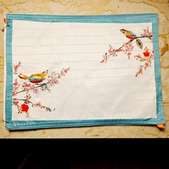 Lenox "Chirp" Birds & Floral Placemats Set of 4 White Teal Fushia 17.5" x 13" - Picture 1 of 4